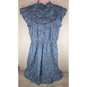 Janie and Jack Floral Ruffle Dress Size 16 Blue Pink Cotton High Neck